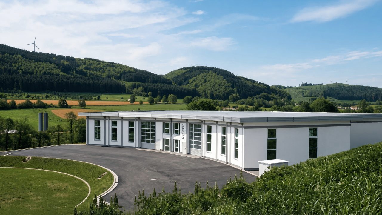 Produktionsgebaeude von KORTE in Plettenberg, davor die geschwungene Zufahrt, dahinter bewaldete Huegel.